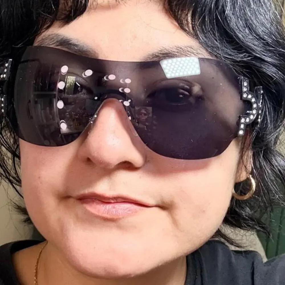 Unisec black oversized shield sunglasses with rhinestone Y2k mcbling glam cyber